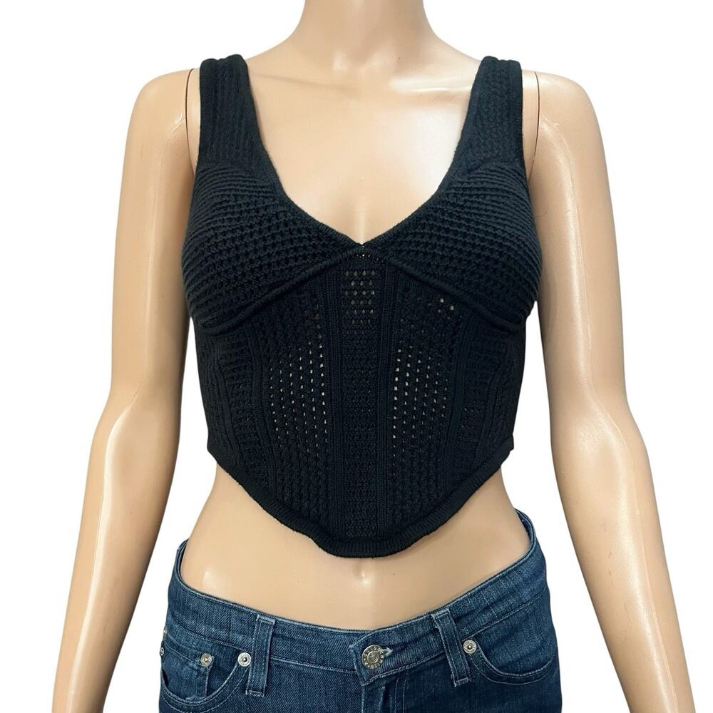 Alo Yoga Chase The Sun Crochet Tank Top Small Corset Cropped Black Logo Vacation